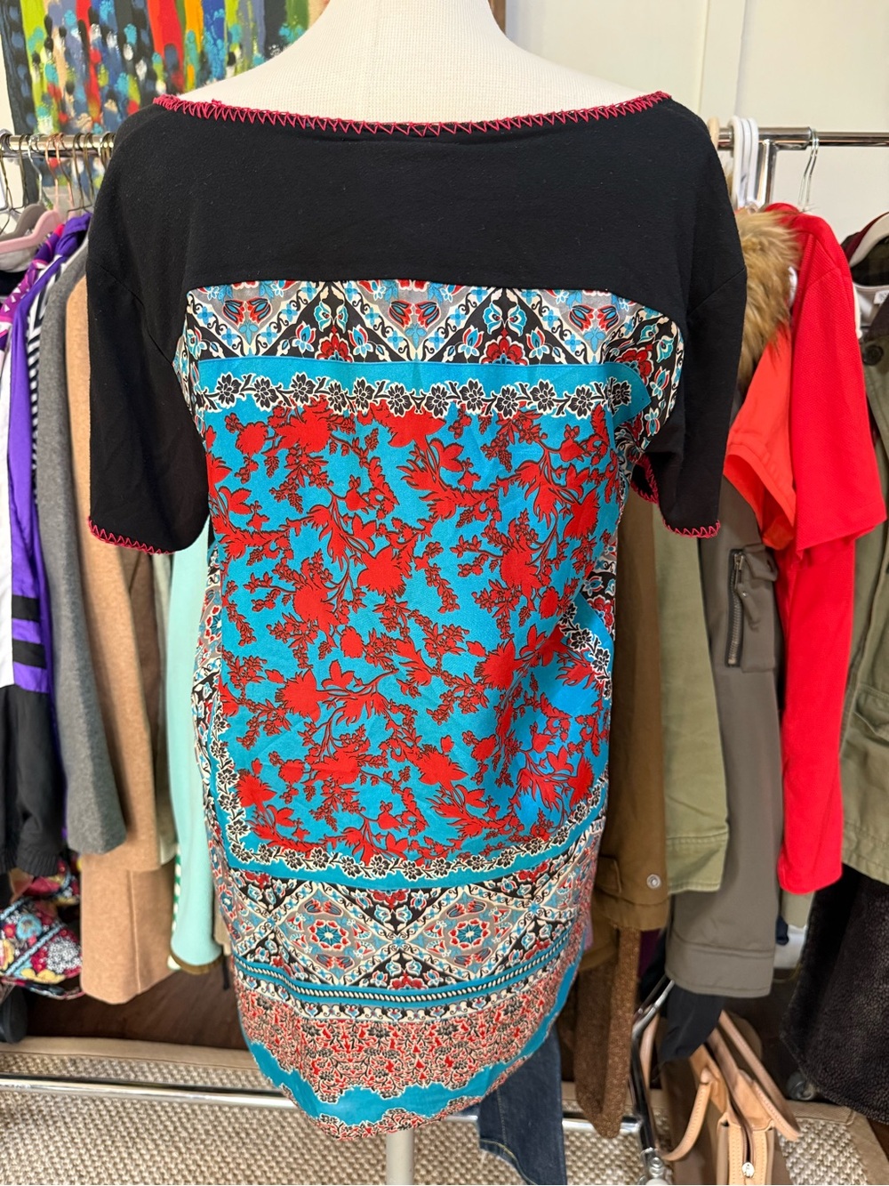 Johnny Was Black Tee with Turquoise and Red Floral Panel